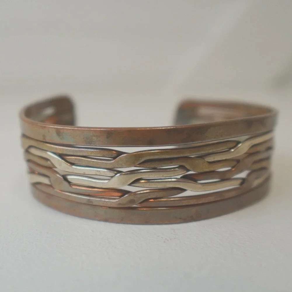 Vintage Multi-Strand Mixed-Metal Copper Cuff Bracelet Layered Wave Wire Unisex